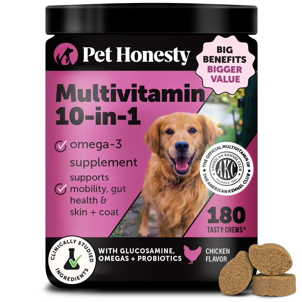 Pet Honesty multivitaminas 10-en-1 para perros, gomitas diarias con beneficios generales.