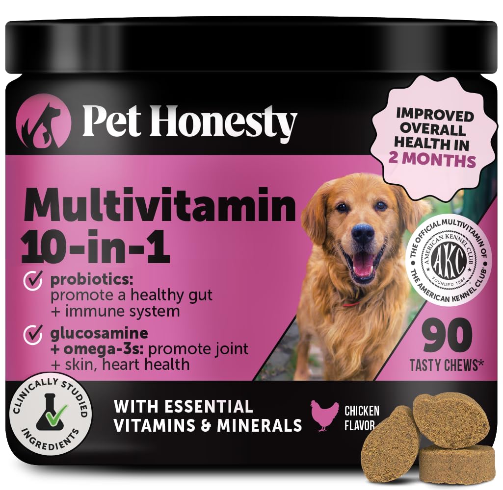 Pet Honesty multivitamínico para perros, frasco con etiqueta mostrando el producto.