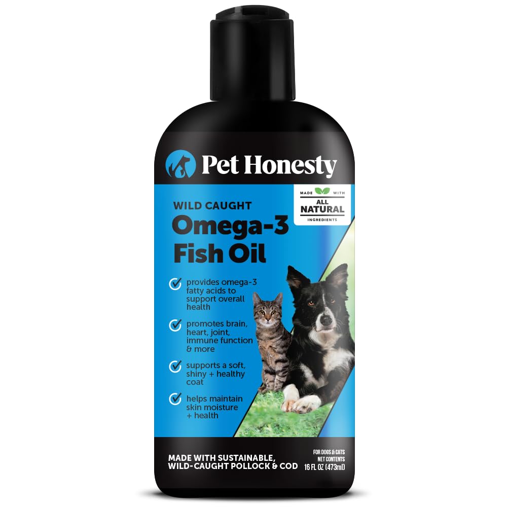Pet Honesty Omega-3 en bote de 16oz para perros y gatos, pelaje saludable.