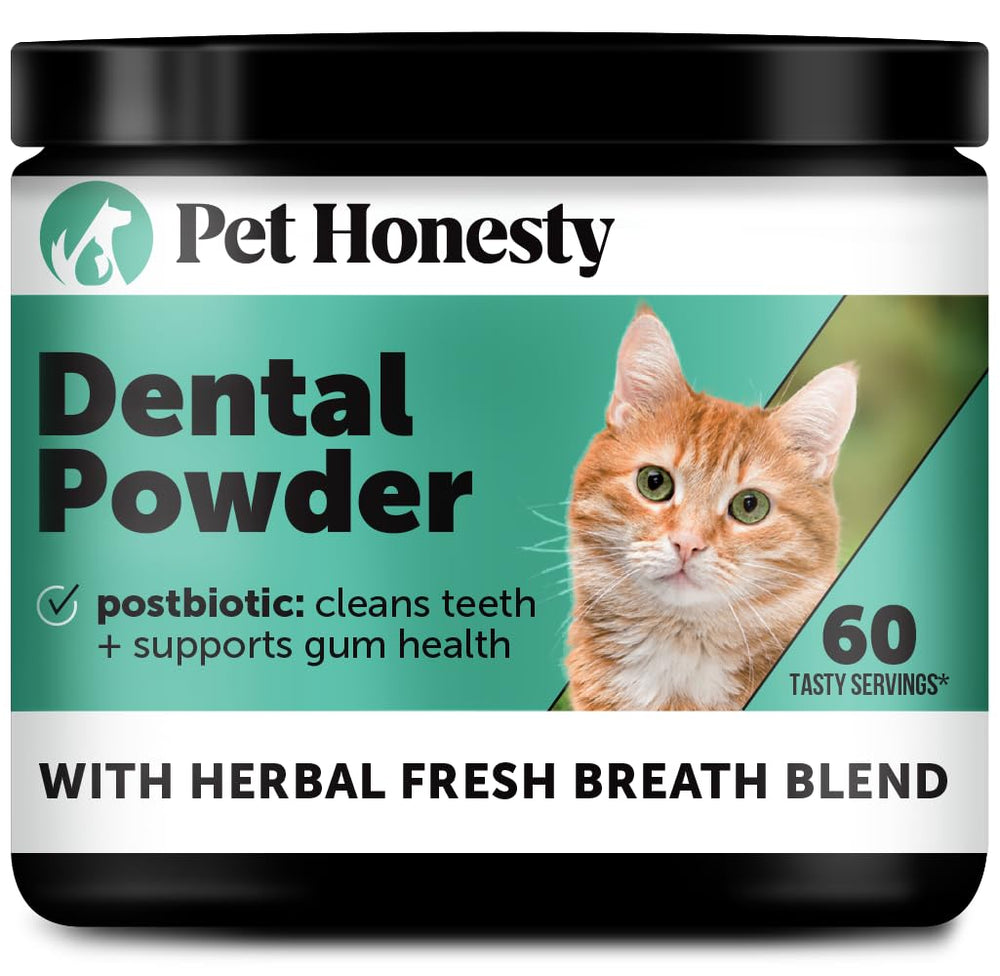 Pet Honesty polvo dental para gato espolvoreado sobre comida, aliento más fresco