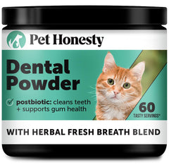 Pet Honesty polvo dental para gato espolvoreado sobre comida, aliento más fresco