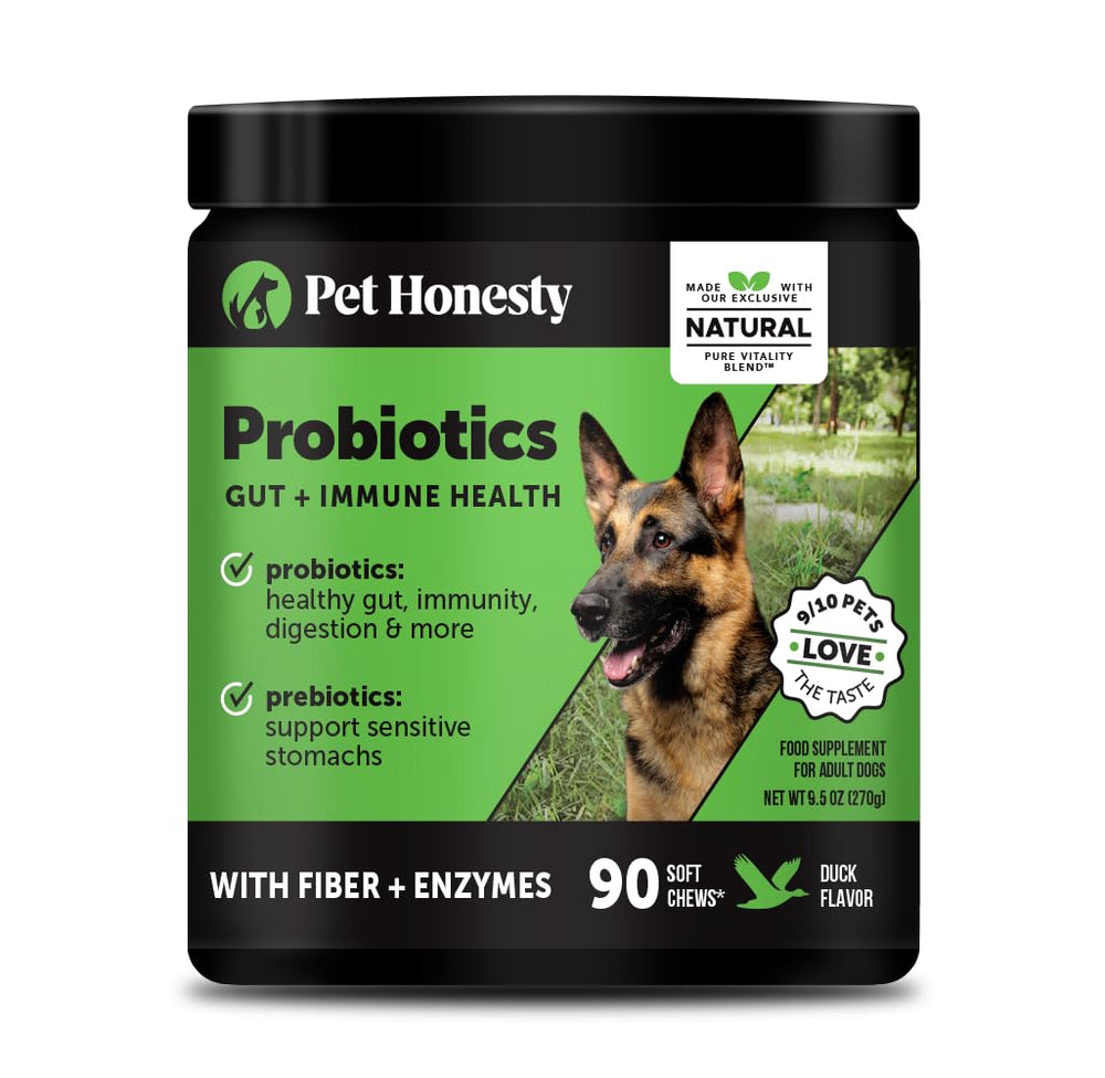 Pet Honesty probióticos para perros, botella vertida, apoyo digestivo diario y sabor agradable.