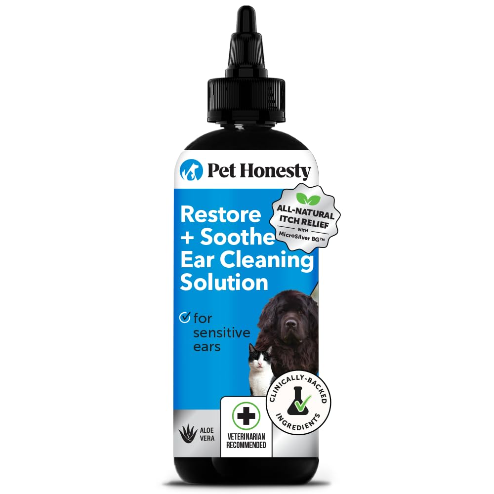 Pet Honesty Restore + Soothe: botella frontal, calma irritación y reduce mal olor en oídos de perros.