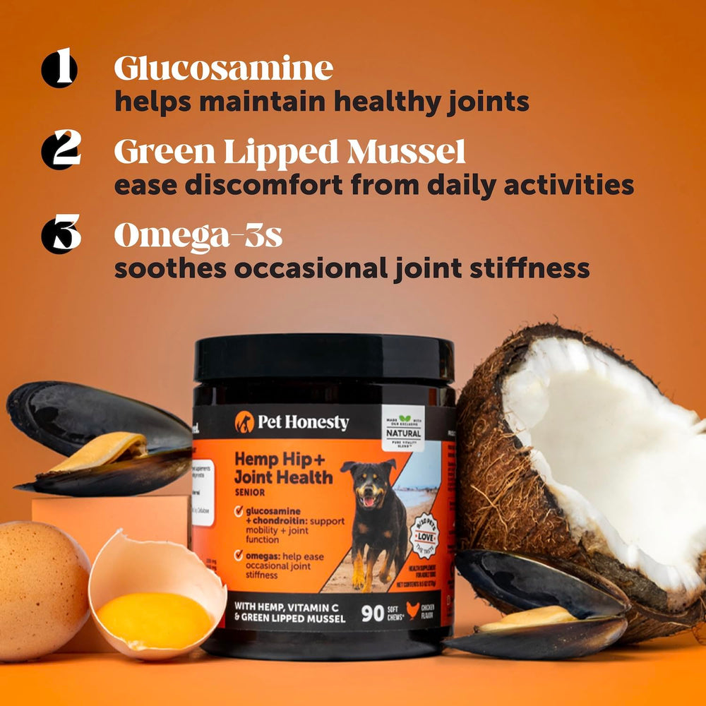 Pet Honesty Senior Hemp ingredientes-clave glucosamina: soporte para articulaciones.