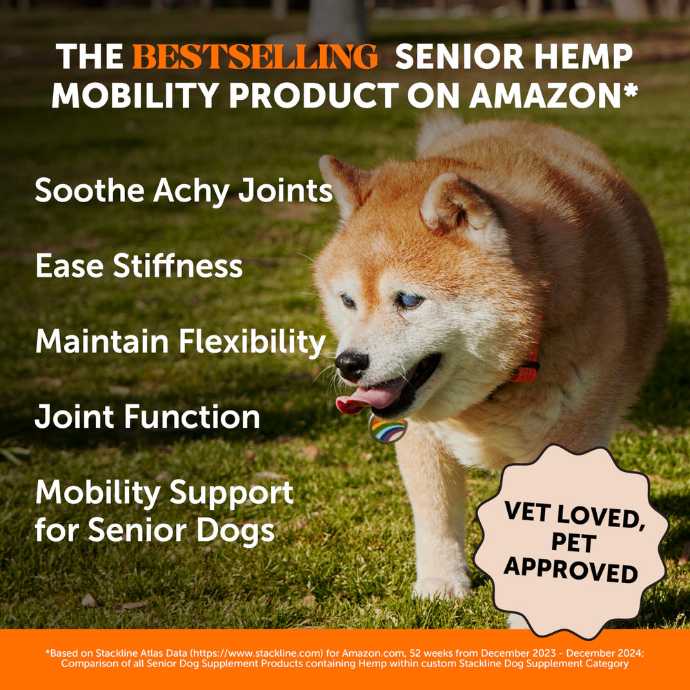 Pet Honesty Senior Hemp: etiqueta clara que destaca la movilidad.