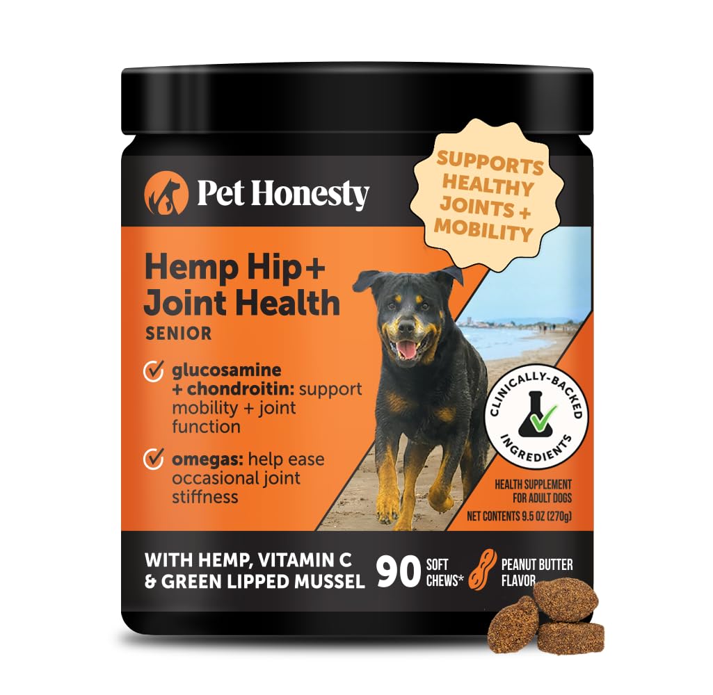 Pet Honesty Senior Hemp: botella frente para movilidad diaria de perros.