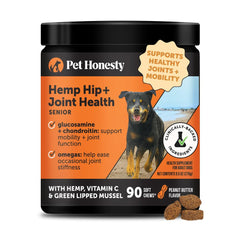 Pet Honesty Senior Hemp: botella frente para movilidad diaria de perros.