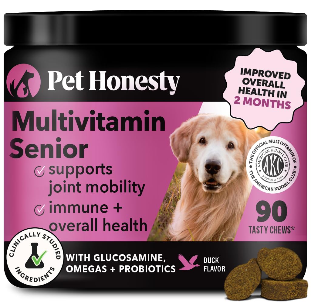 Pet Honesty Senior Multivitamin para perros con sabor a pato mejora movilidad en perros mayores.