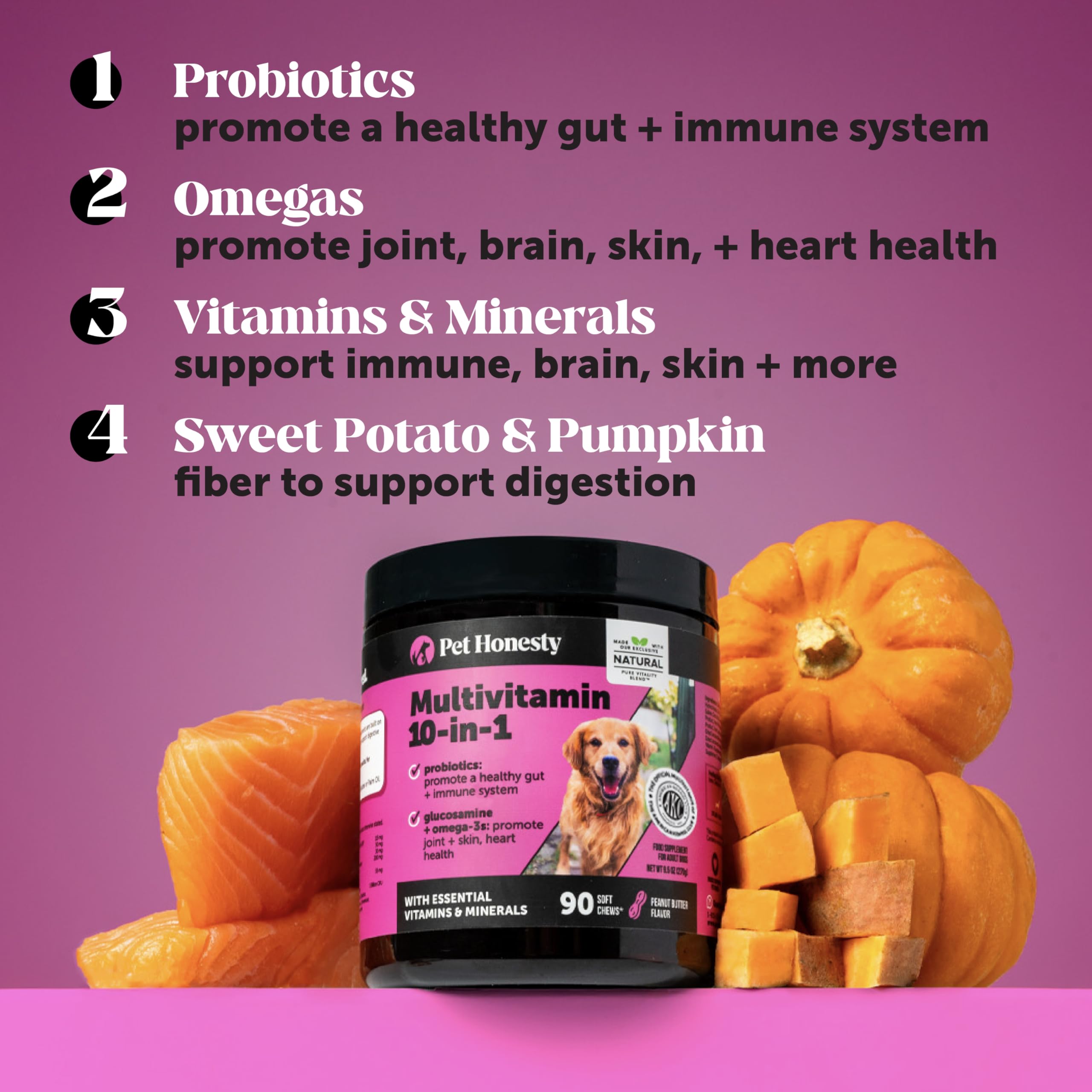 Pet Honesty Dog Multivitamin Max Strength — fórmula sin maíz, trigo ni soja.