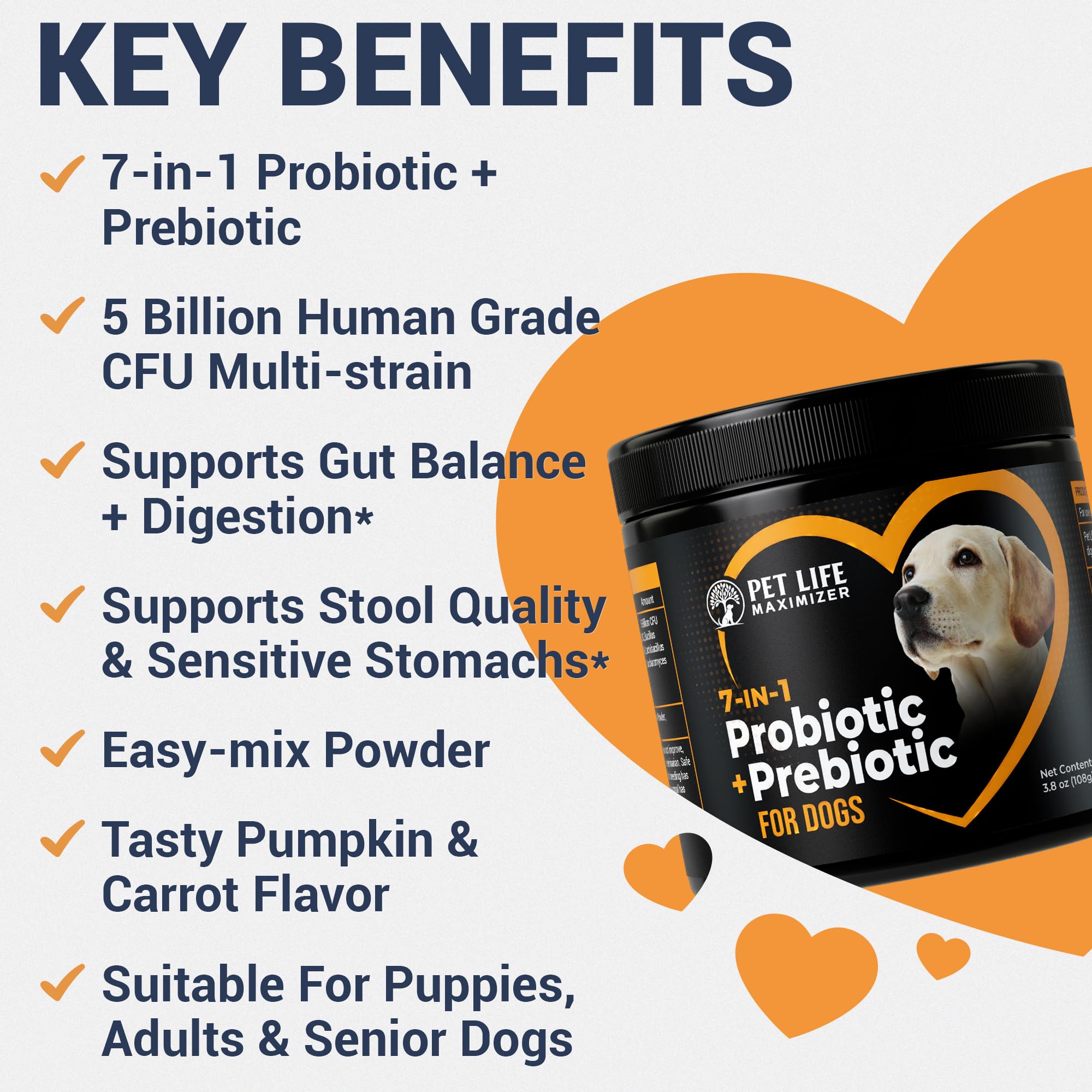 Pet Life Maximizer 7 en 1 probiótico para perros: envase frontal para fácil almacenamiento