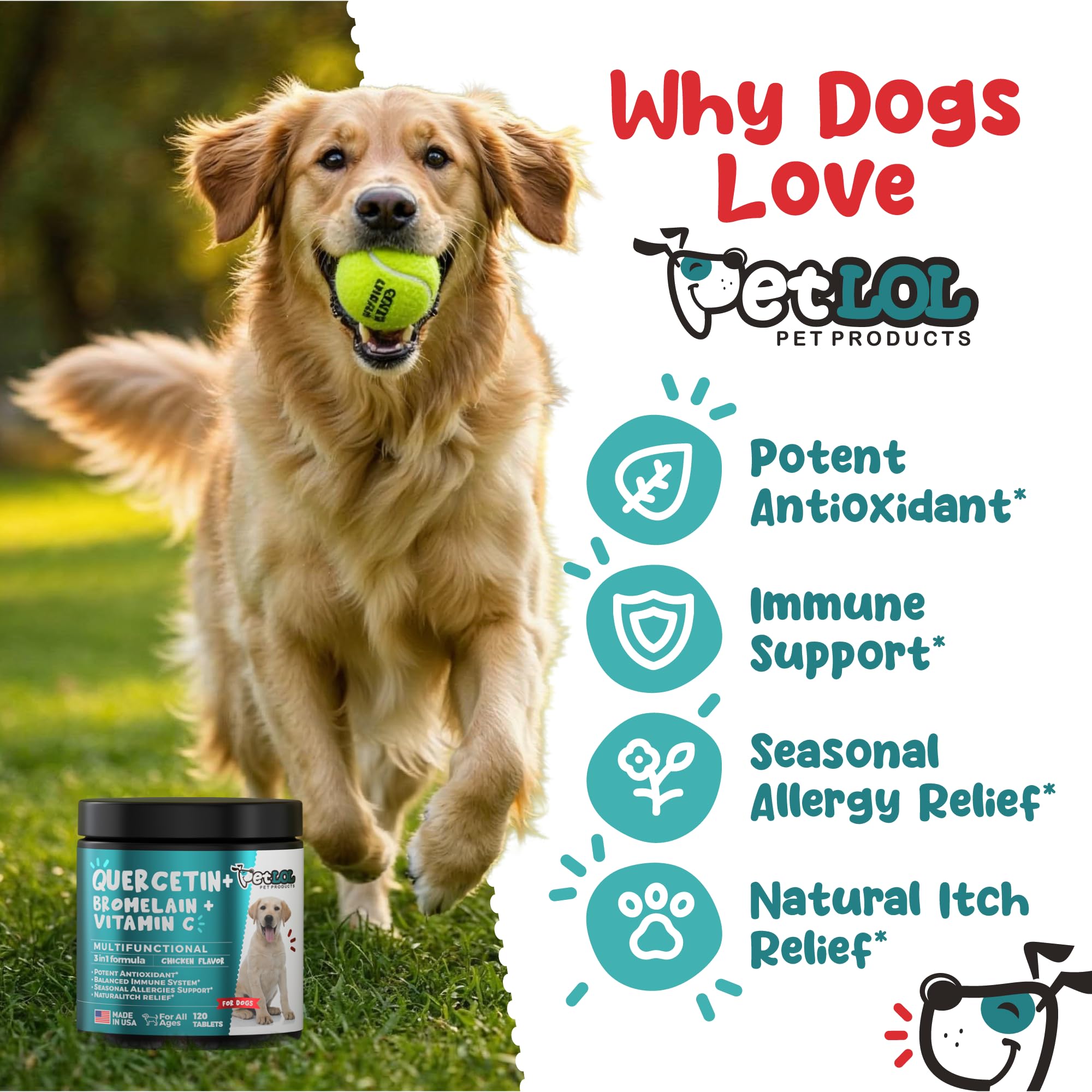 PET LOL Quercetina para perros: vitamina C para apoyo antioxidante