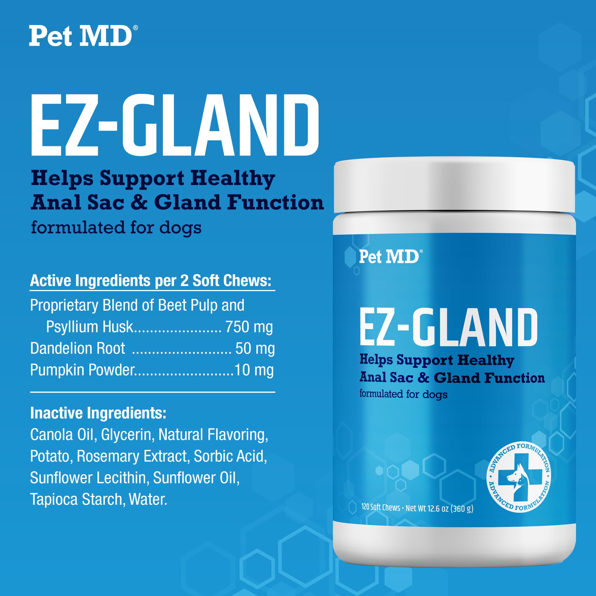 Uso diario fácil con Pet MD EZ Gland para hábitos intestinales.