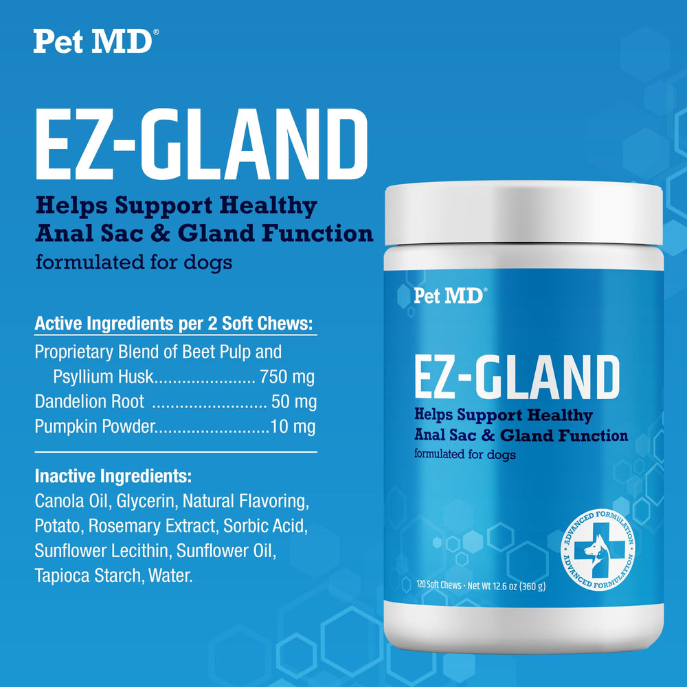 Uso diario fácil con Pet MD EZ Gland para hábitos intestinales.