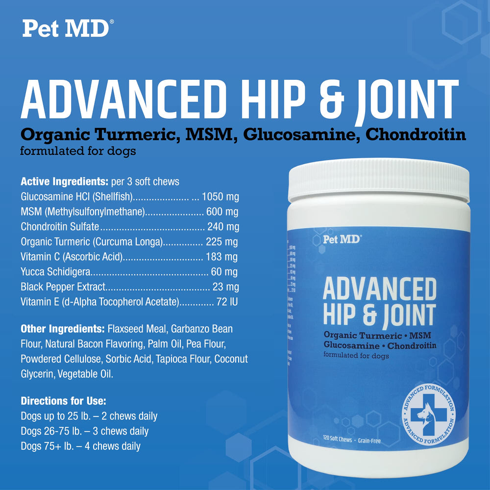 Pet MD Glucosamina para perros: apto para cachorros y seniors con movilidad.