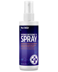 Pet MD hydrocortisone spray bottle closeup, ready for fast itch relief.