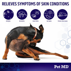 Pet MD hydrocortisone spray label highlights 1% strength for irritation relief.