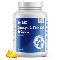 Pet MD Omega-3 para perros: bote de cápsulas, ideal para piel saludable.