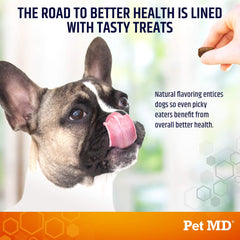 Pet MD Salmon Omega Bites favorecen pelaje suave y piel cómoda con omega 3 y 6.