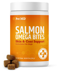 Pet MD Salmon Omega Bites: empaque para perros, fácil de incorporar a la rutina diaria.