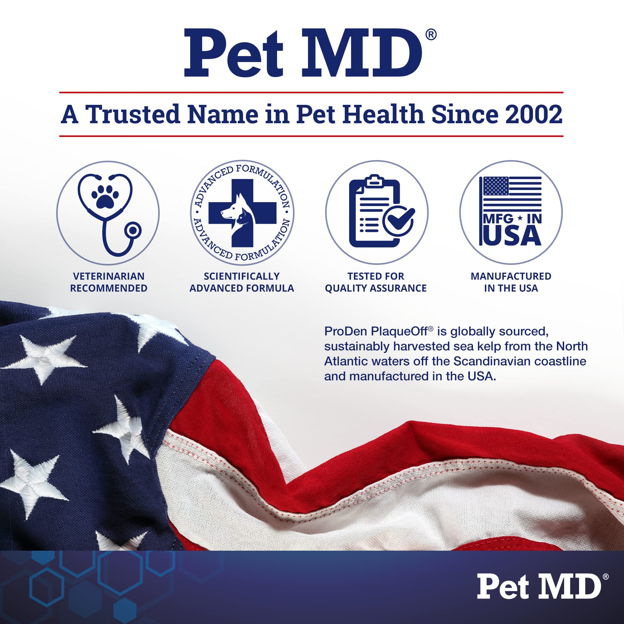 Recomendado por veterinarios Pet MD Proden PlaqueOff para cuidado dental