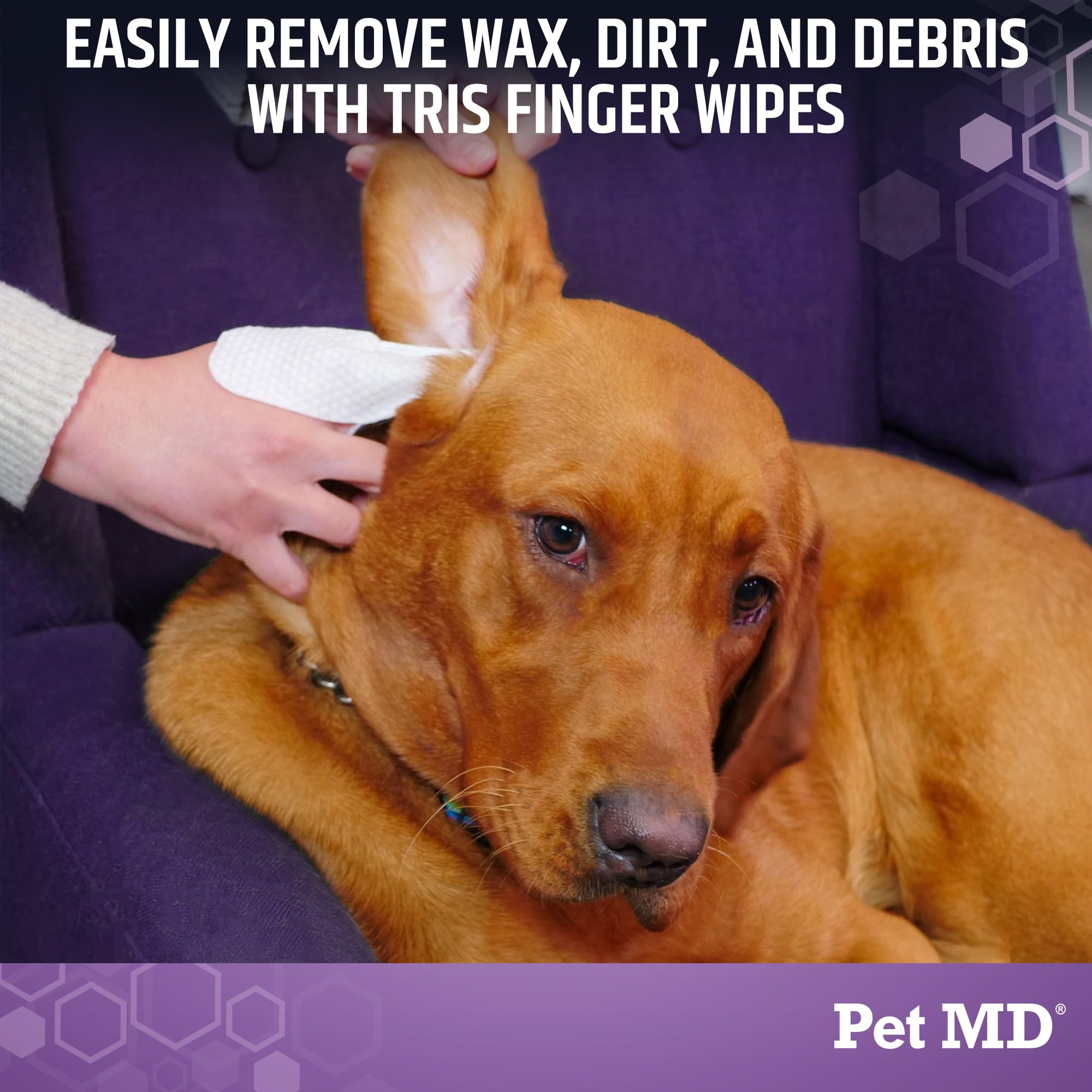 Pet MD Tris Ear Wipes, limpieza precisa en el oído del perro.