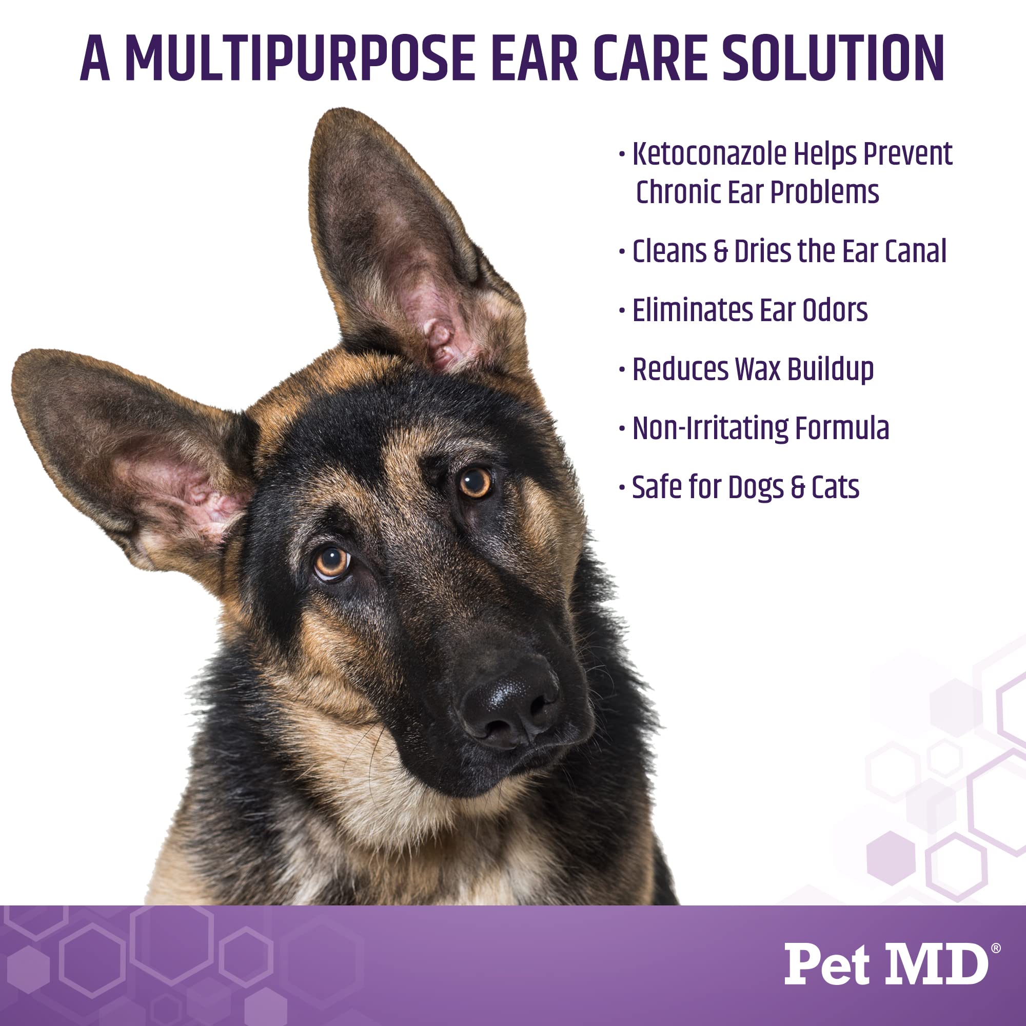 Pet MD Tris Flush, primer plano de oreja para higiene suave.