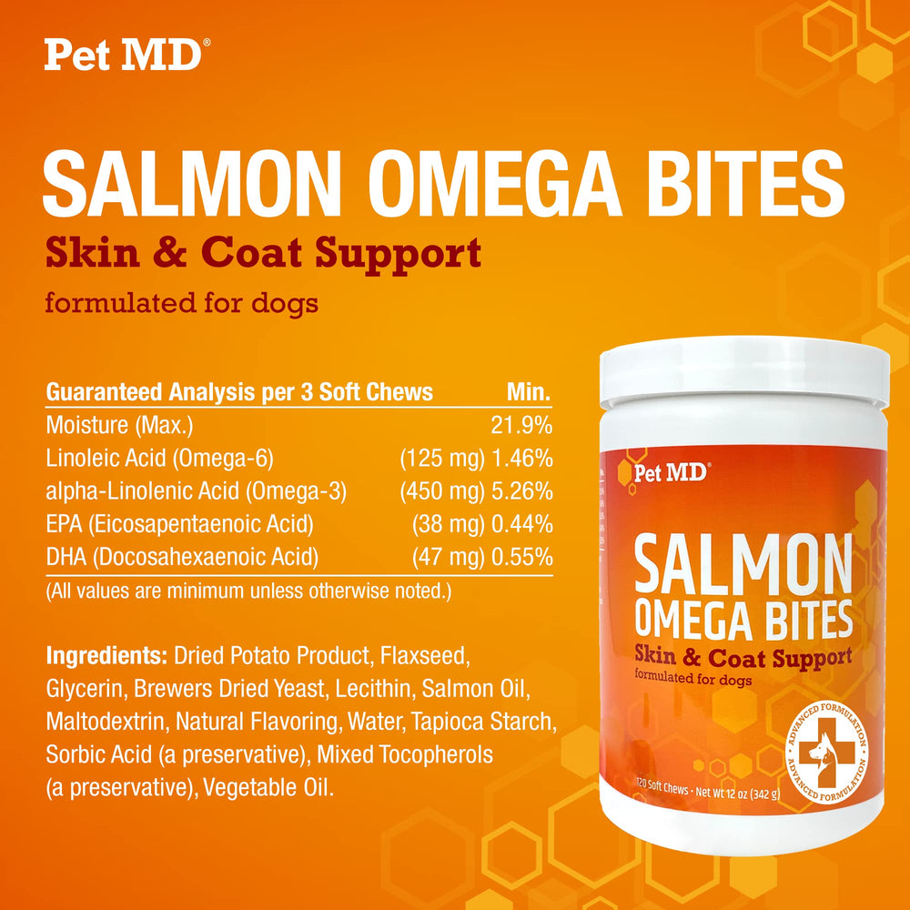 Pet MD Salmon Omega Bites para uso diario, refuerzo nutricional de piel y pelaje.