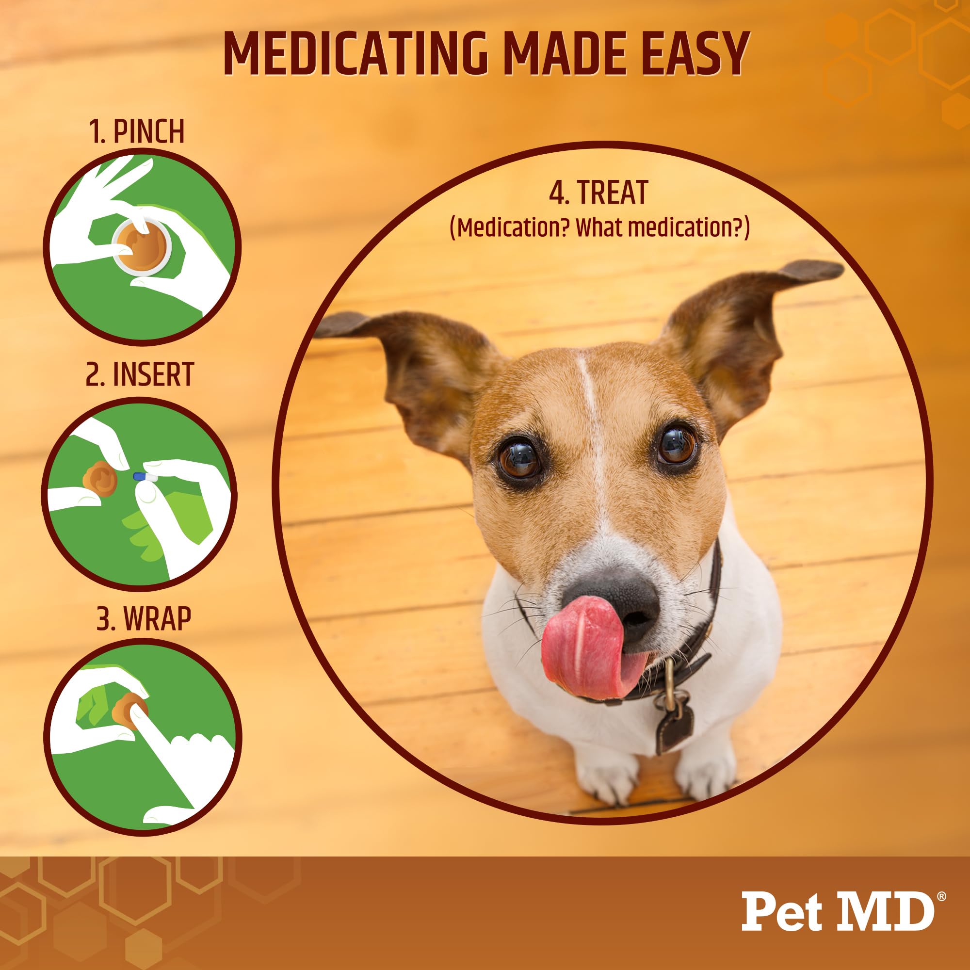 Pet MD Wrap A Pill: perro contento al tomar medicación.