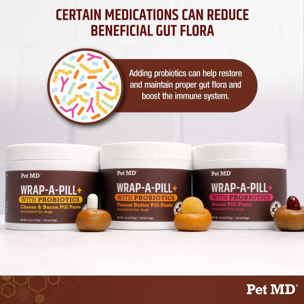 Pet MD Wrap-Pill probióticos incluidos para apoyar la salud digestiva del perro.