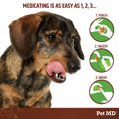 Pet MD Wrap-Pill sabor tocino y queso, hace la hora de medicación más atractiva para el perro.