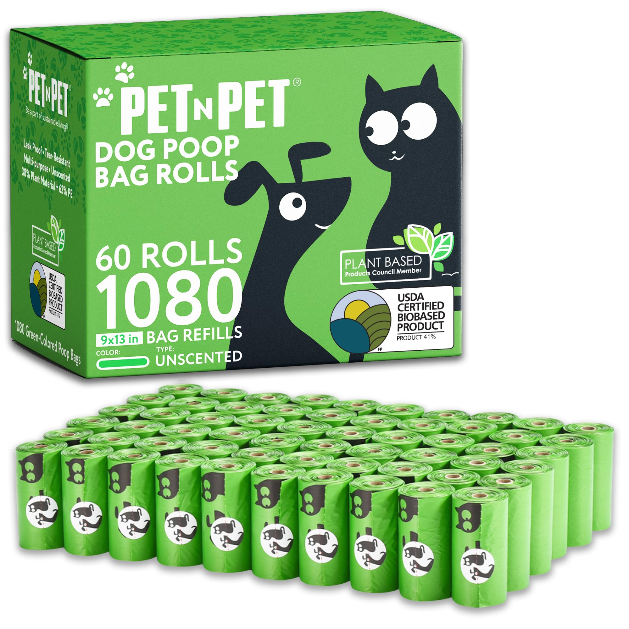Bolsas PET N PET para excrementos, 1080 unidades en 60 rollos, listas para paseos.