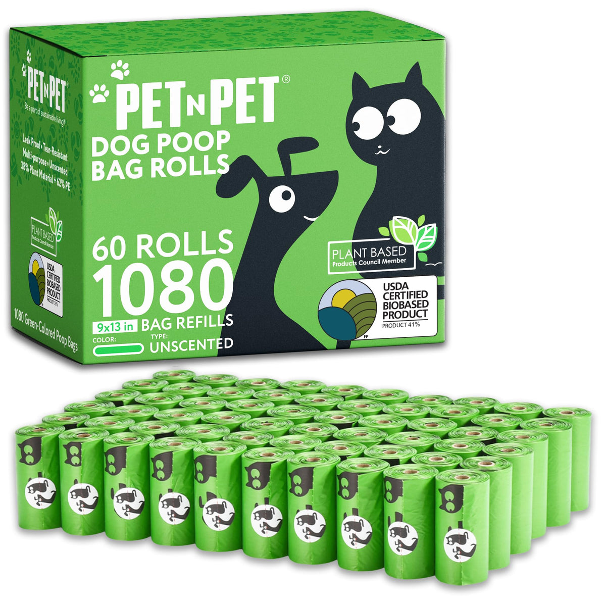 Bolsas PET N PET para excrementos, 1080 unidades en 60 rollos, listas para paseos.