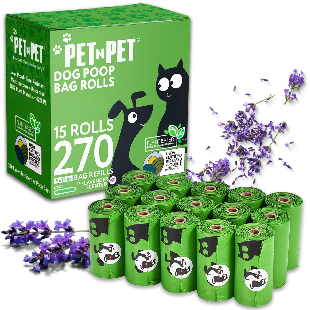 Pet N Pet bolsas de caca para perros, verde lavanda, aroma suave para paseos.