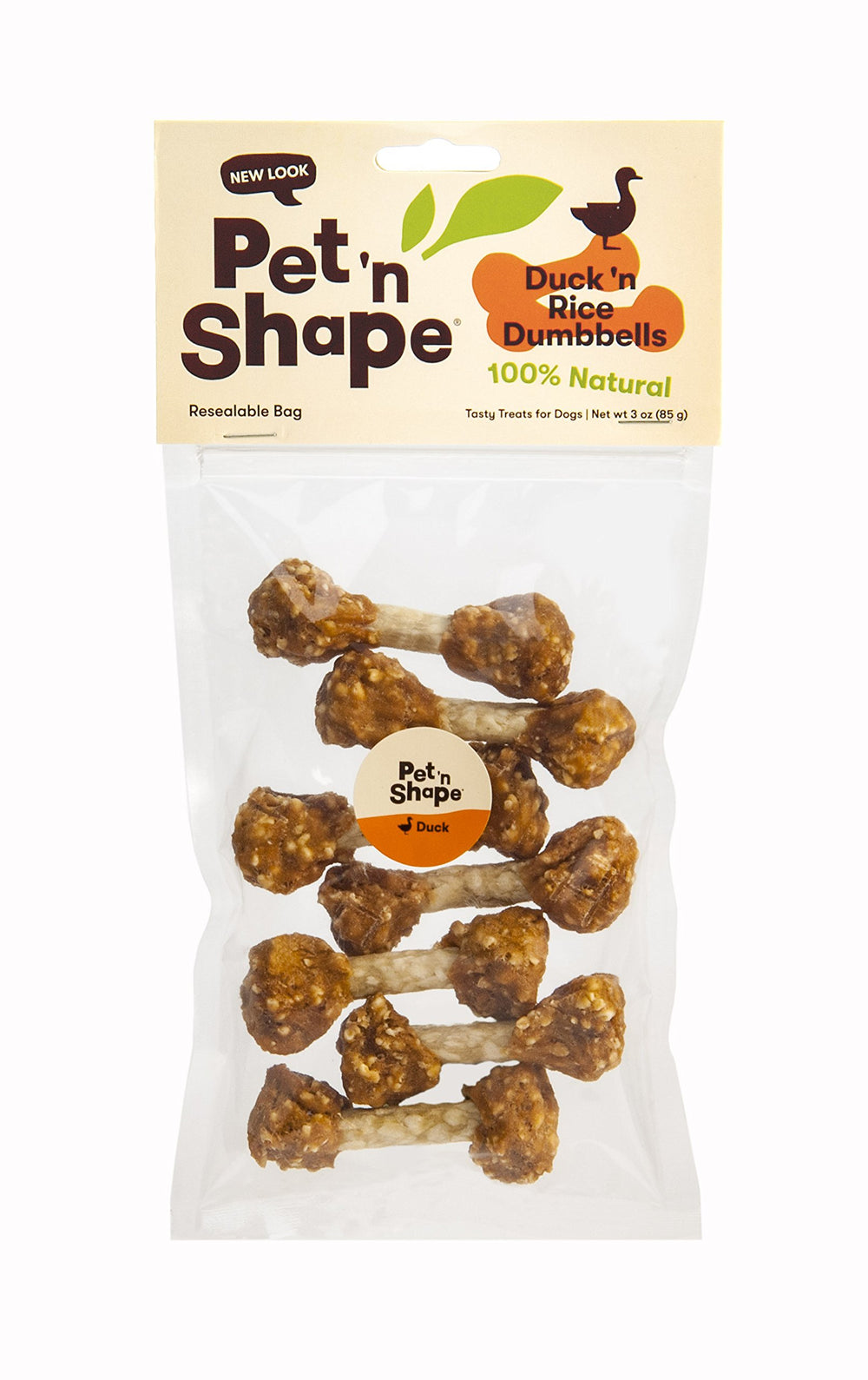 Pet 'n Shape Duck 'n Rice Dumbbells paquete con cierre hermético para frescura.