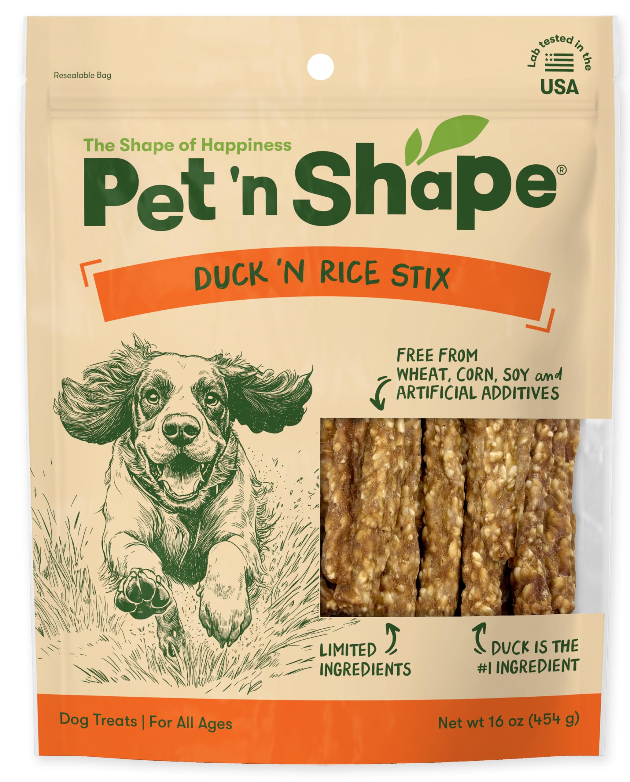 Pet 'n Shape palitos pato arroz, snack sabroso para entrenamiento y recompensa.