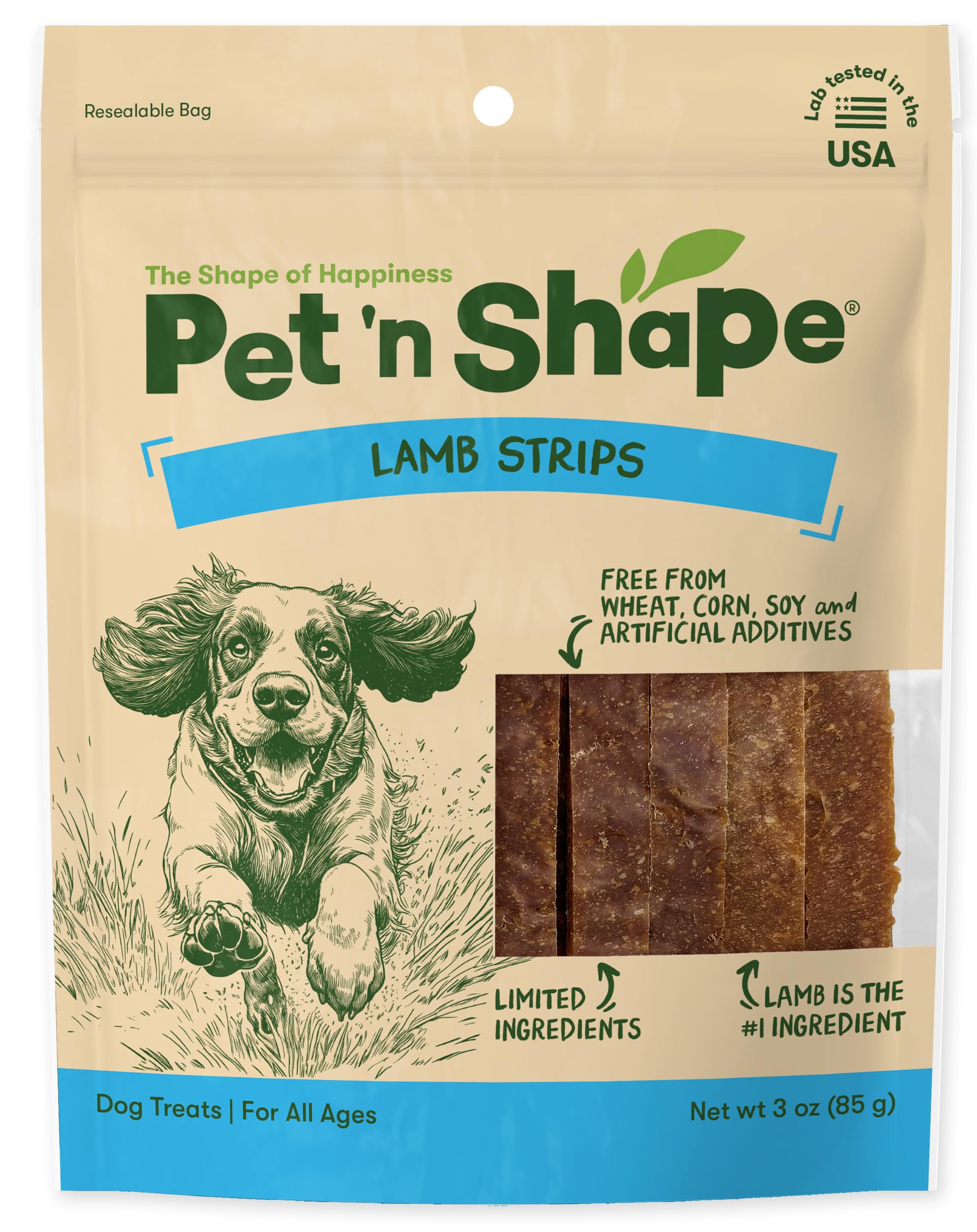 Pet 'n Shape Tiras de Cordero para Perros en empaque reutilizable, frescura asegurada.