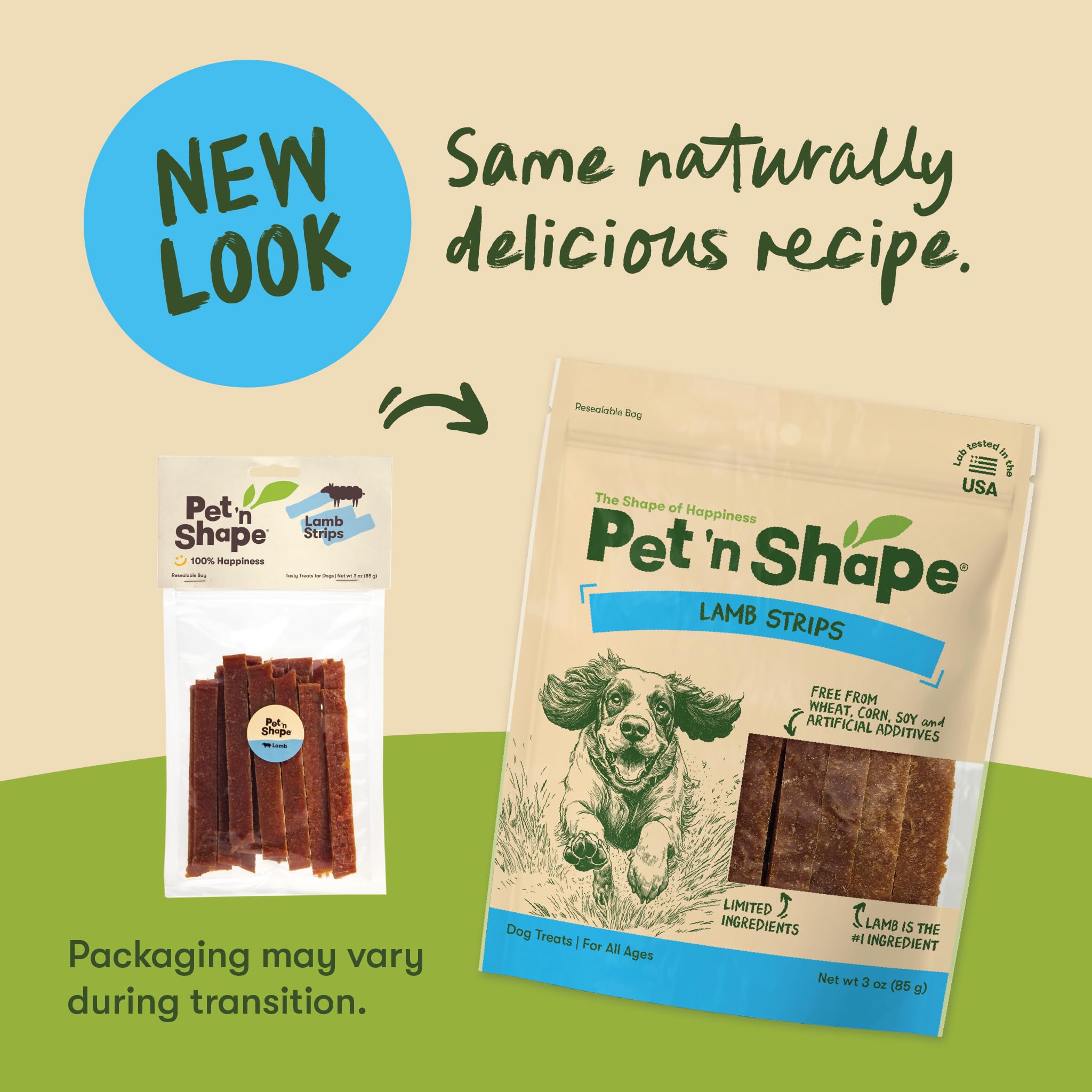 Pet 'n Shape Tiras de Cordero, porciones pequeñas para cachorros y sesiones de entrenamiento.