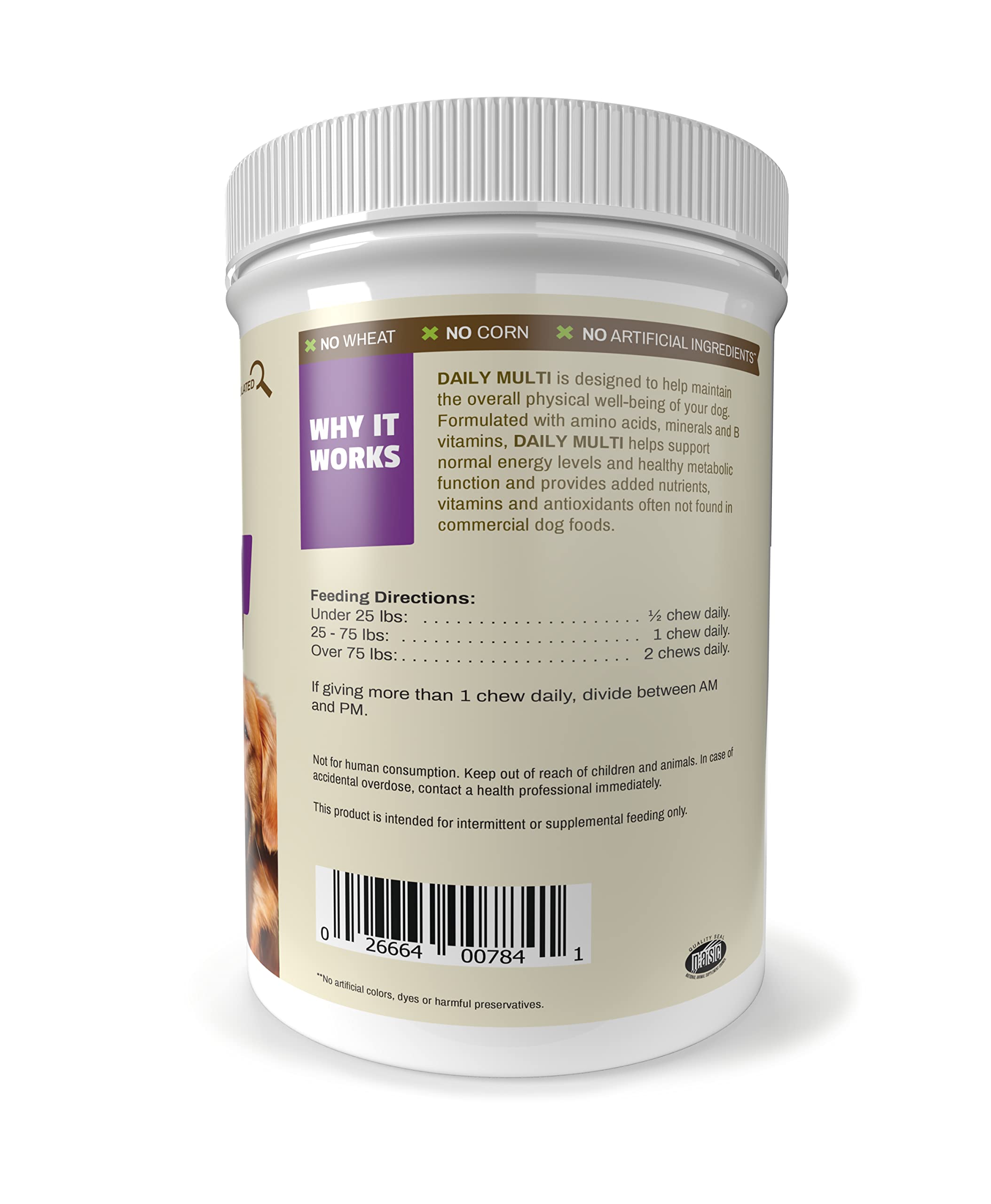Frasco de Pet Naturals Daily Multi con etiqueta veterinaria y respaldo de calidad.
