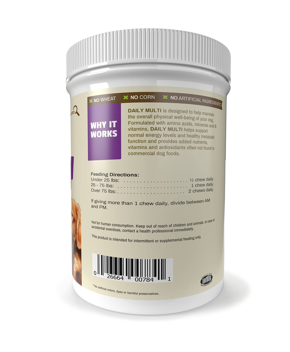 Frasco de Pet Naturals Daily Multi con etiqueta veterinaria y respaldo de calidad.