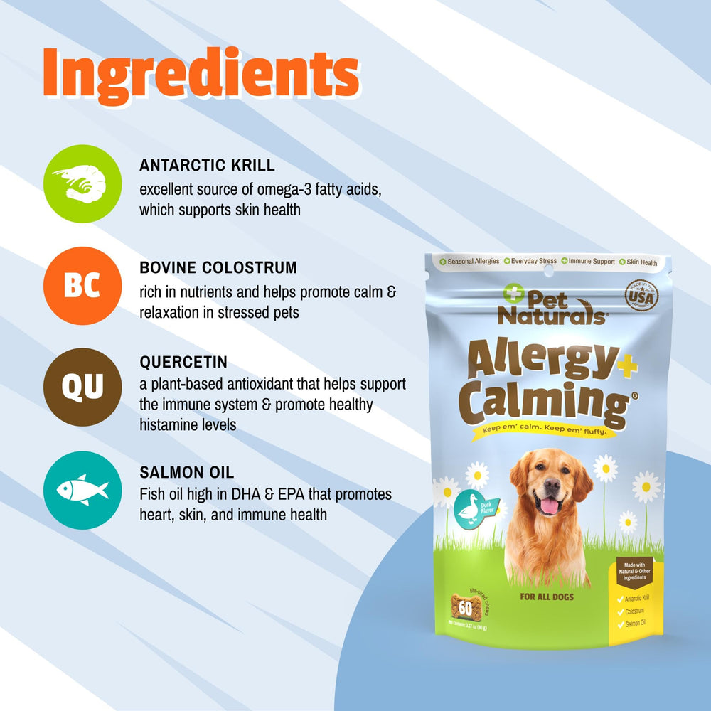 Pet Naturals Allergy Plus Calmante, L-teanina y colostro para calma ante estrés.