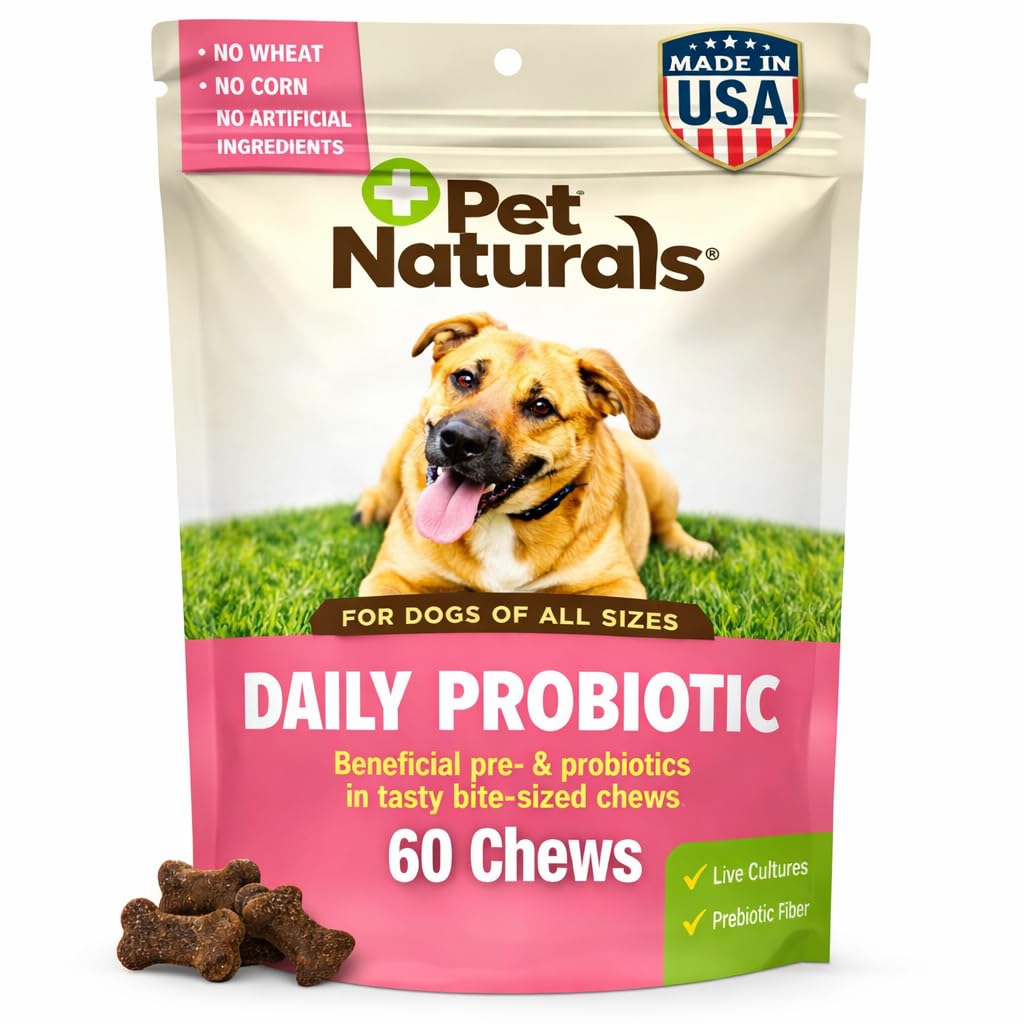 Pet Naturals Probiotics para perros, envase con chicles sabor pato, apoyo digestivo potencial.
