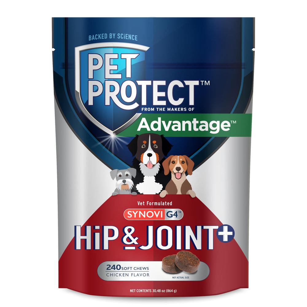 Pet Protect Hip & Joint+ botella visible; apoyo a la movilidad diaria de tu perro.