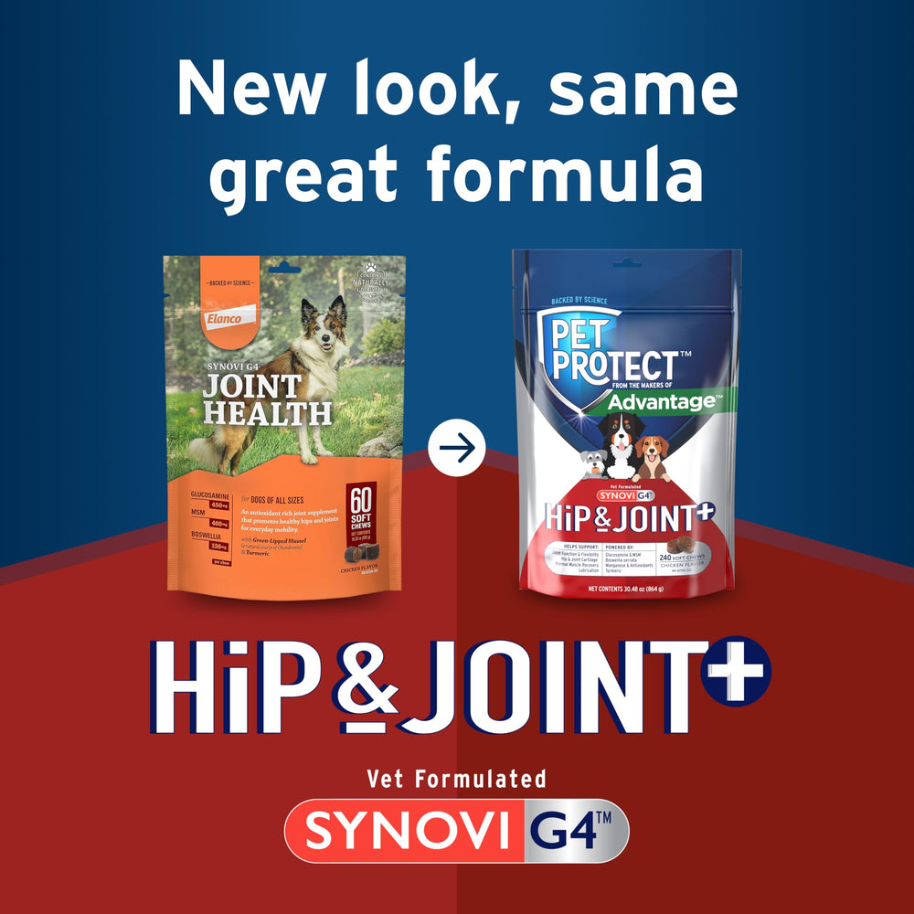 Pet Protect Hip & Joint+ etiqueta Synovi G4; fórmula veterinaria para soporte articular.