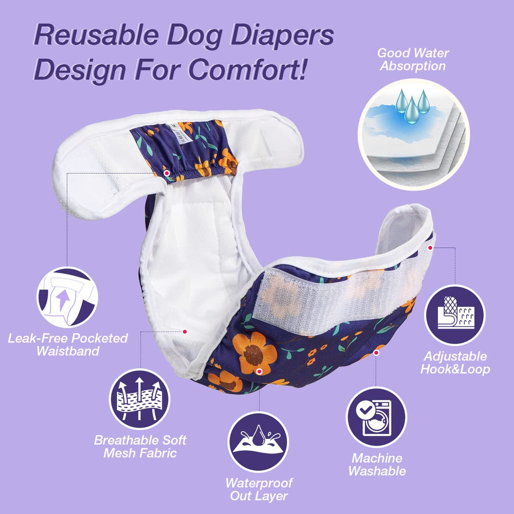 Pet Soft pañales con patrón de flores, 3 pack, ideal para hogares con varias mascotas.