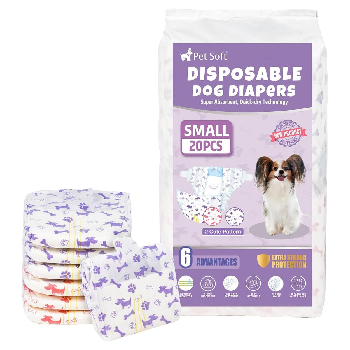 Pet Soft pañales femeninos para perro pequeño, vista frontal, ajuste cómodo para paseos.