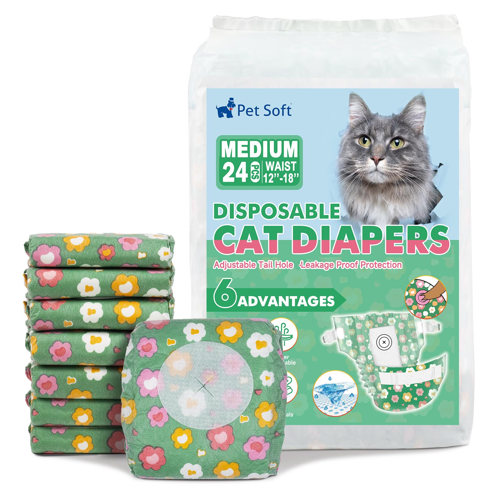 Pañales Pet Soft para gatos medianos con diseño de flores que reducen fugas y brindan comodidad.