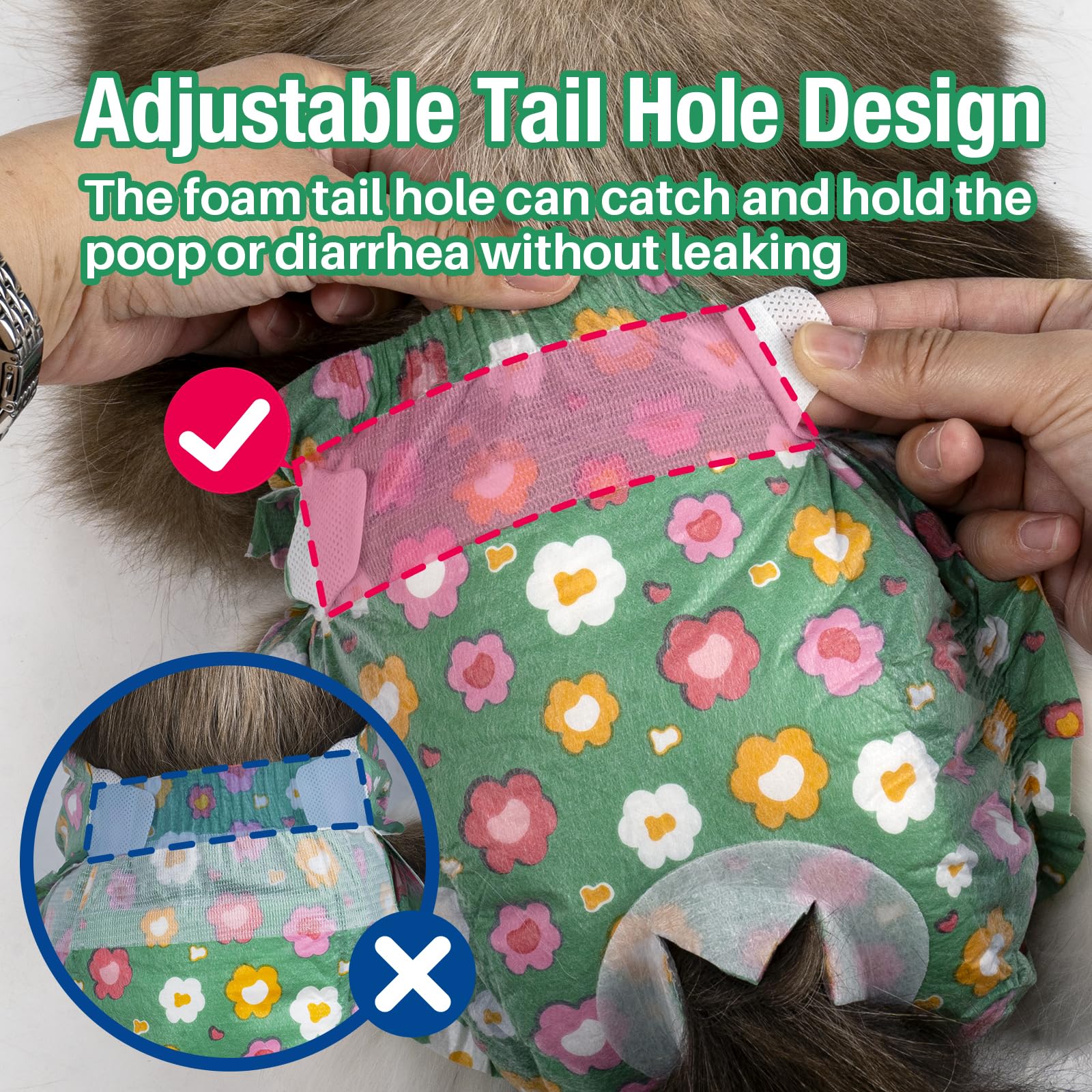 Pañales Pet Soft para gatos con orificio de cola de espuma ajustable para mejor ajuste.