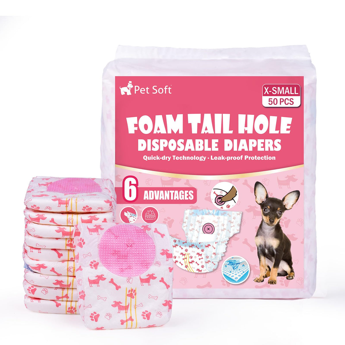Pañales Pet Soft XS para perras, vista frontal y ajuste cómodo.