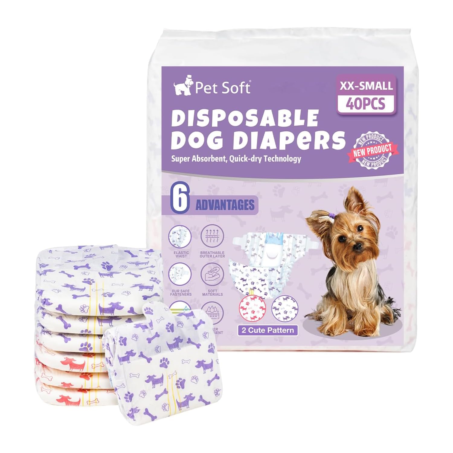 Pañales Pet Soft para perra hembra XXS con indicador de humedad, ideal para mascotas pequeñas.