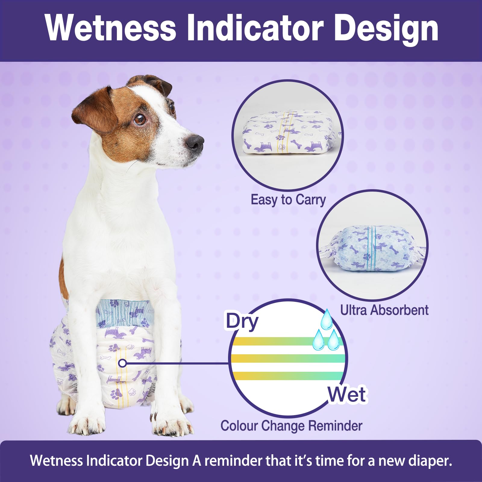 Pañales Pet Soft con indicador de humedad que cambia de amarillo a azul.